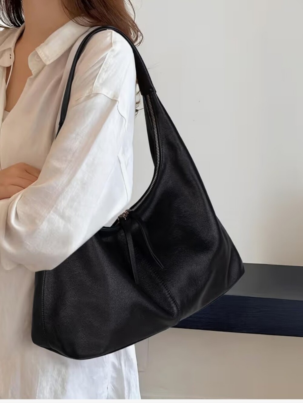 Classic Black Genuine Leather Slouchy Hobo Shoulder Bag - Women's Super Soft ! - Picture 2 of 13